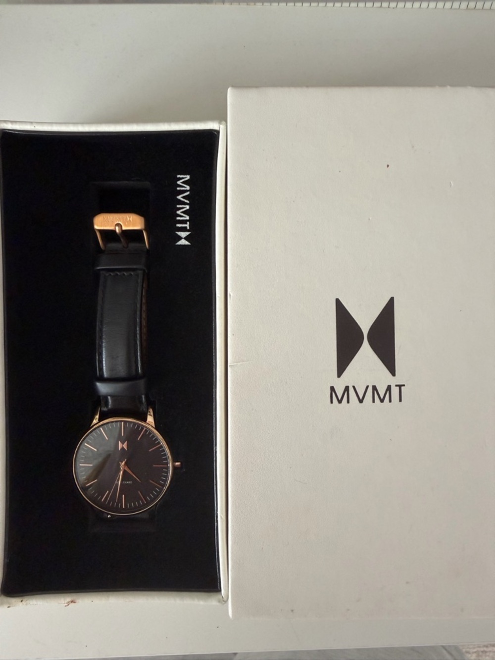 MVMT Black Leather Watch with Rose Gold Case and Accents